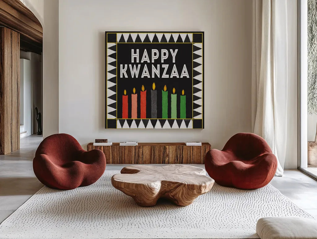 Happy Kwanzaa II by Kathleen Parr McKenna. Shown as extra-large giant wall art in a modern living room. Available as an archival giclee rolled canvas, fine art paper, or poster print. SKU 67446a.
