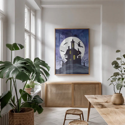 Haunted House by Kathleen Parr McKenna. shown as a print in a natural wood frame in a dining room. Available as a archival giclee rolled canvas, fine art paper, or poster print. SKU 88420h.