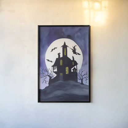 Haunted House by Kathleen Parr McKenna. shown as a paper print in a black flame. Available as a archival giclee rolled canvas, fine art paper, or poster print. SKU 88420h.