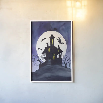 Haunted House by Kathleen Parr McKenna. shown as a paper print in a white frame. Available as a archival giclee rolled canvas, fine art paper, or poster print. SKU 88420h.