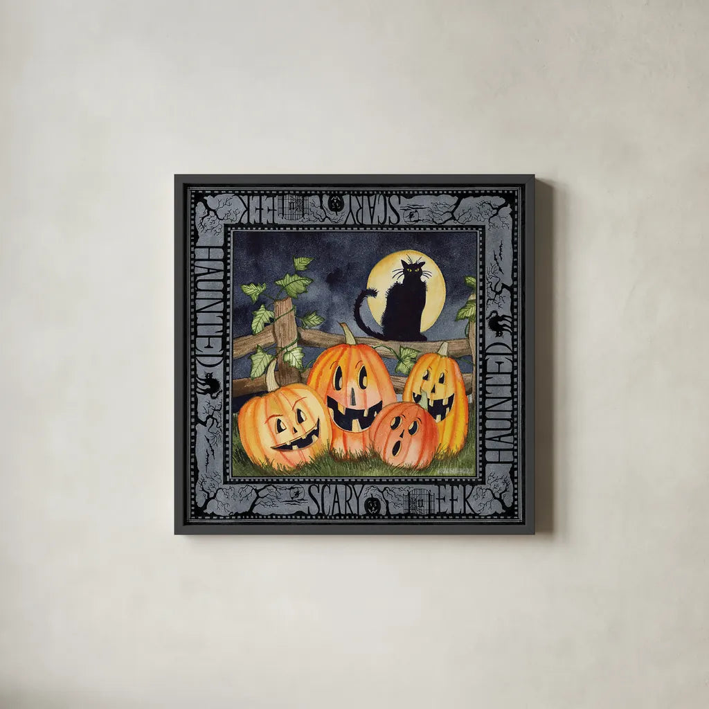 Haunting Halloween Night I by Kathleen Parr McKenna. Shown in a sleek black glass frame for a contemporary gallery look. Available as an archival giclee rolled canvas, fine art paper, or poster print. SKU 39663a.