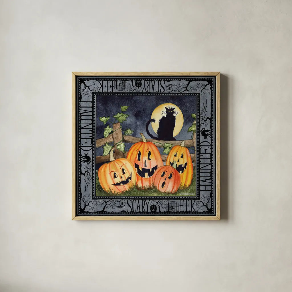 Haunting Halloween Night I by Kathleen Parr McKenna. Shown in a natural wood glass frame for a timeless modern aesthetic. Available as an archival giclee rolled canvas, fine art paper, or poster print. SKU 39663a.