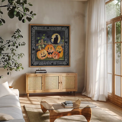 Haunting Halloween Night I by Kathleen Parr McKenna. Shown in a natural wood frame in a cozy modern living room. Available as an archival giclee rolled canvas, fine art paper, or poster print. SKU 39663a.