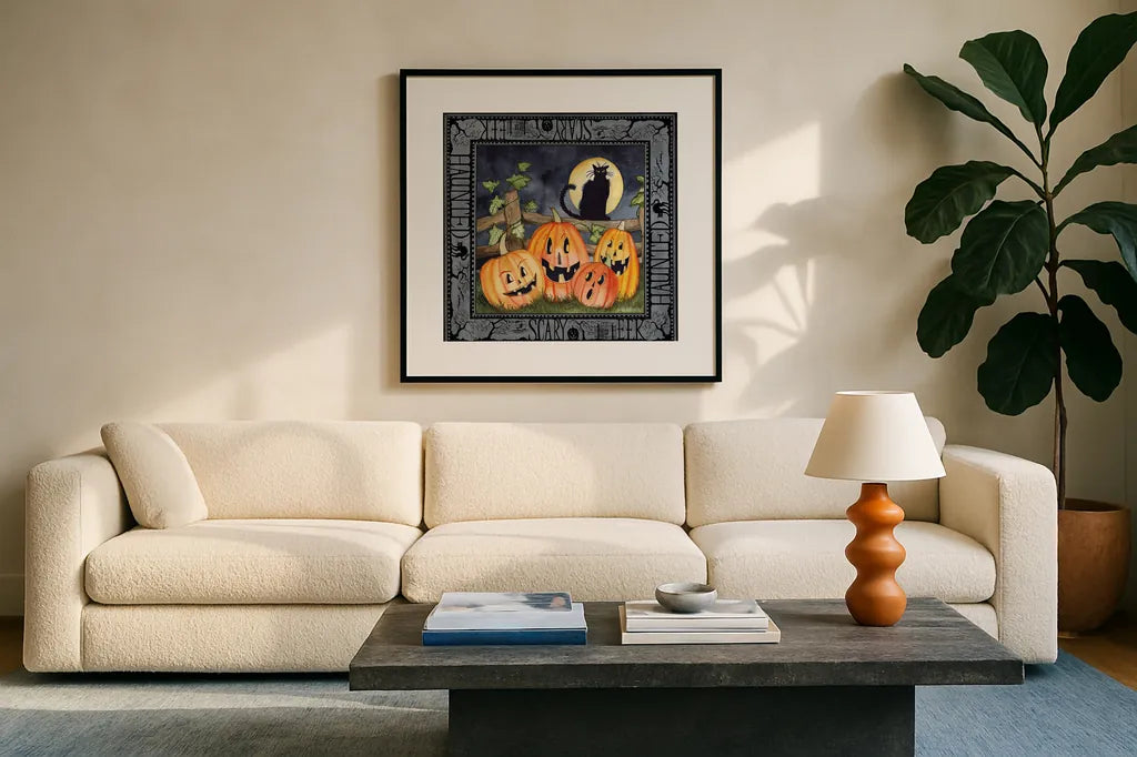 Haunting Halloween Night I by Kathleen Parr McKenna. Displayed in a glass frame with matte in a clean modern living room. Available as an archival giclee rolled canvas, fine art paper, or poster print. SKU 39663a.