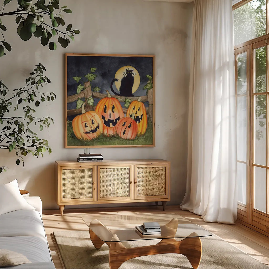 Haunting Halloween Night I No Border by Kathleen Parr McKenna. Shown in a natural wood frame in a cozy modern living room. Available as an archival giclee rolled canvas, fine art paper, or poster print. SKU 47607a.