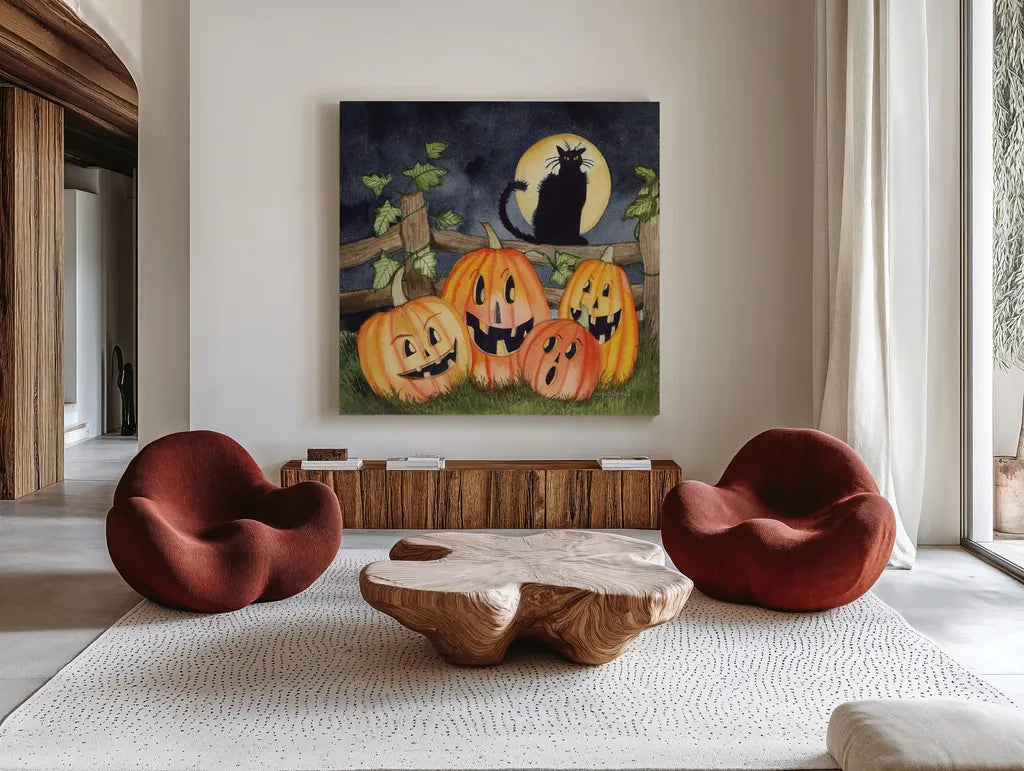 Haunting Halloween Night I No Border by Kathleen Parr McKenna. Shown as extra-large giant wall art in a modern living room. Available as an archival giclee rolled canvas, fine art paper, or poster print. SKU 47607a.