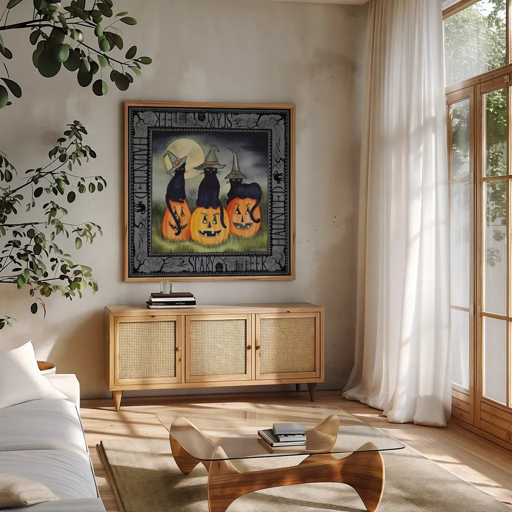 Haunting Halloween Night II by Kathleen Parr McKenna. Shown in a natural wood frame in a cozy modern living room. Available as an archival giclee rolled canvas, fine art paper, or poster print. SKU 39664a.