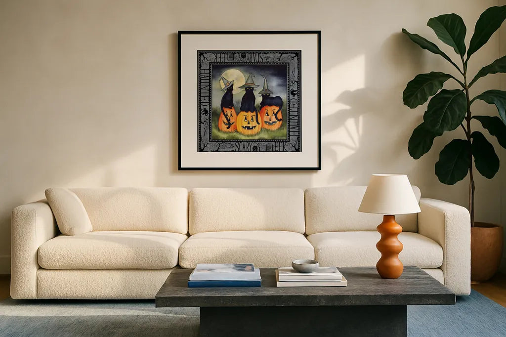 Haunting Halloween Night II by Kathleen Parr McKenna. Displayed in a glass frame with matte in a clean modern living room. Available as an archival giclee rolled canvas, fine art paper, or poster print. SKU 39664a.