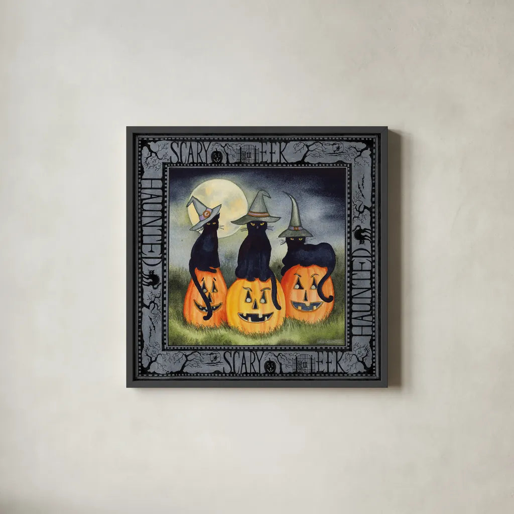 Haunting Halloween Night II Flipped Text by Kathleen Parr McKenna. Shown in a sleek black glass frame for a contemporary gallery look. Available as an archival giclee rolled canvas, fine art paper, or poster print. SKU 59535a.