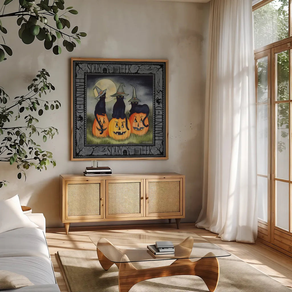 Haunting Halloween Night II Flipped Text by Kathleen Parr McKenna. Shown in a natural wood frame in a cozy modern living room. Available as an archival giclee rolled canvas, fine art paper, or poster print. SKU 59535a.