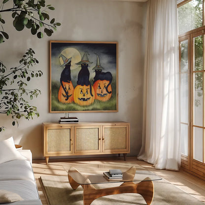 Haunting Halloween Night II No Border by Kathleen Parr McKenna. Shown in a natural wood frame in a cozy modern living room. Available as an archival giclee rolled canvas, fine art paper, or poster print. SKU 47608a.