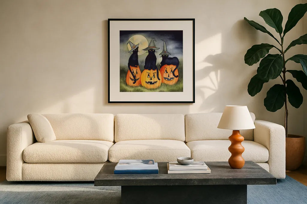 Haunting Halloween Night II No Border by Kathleen Parr McKenna. Displayed in a glass frame with matte in a clean modern living room. Available as an archival giclee rolled canvas, fine art paper, or poster print. SKU 47608a.