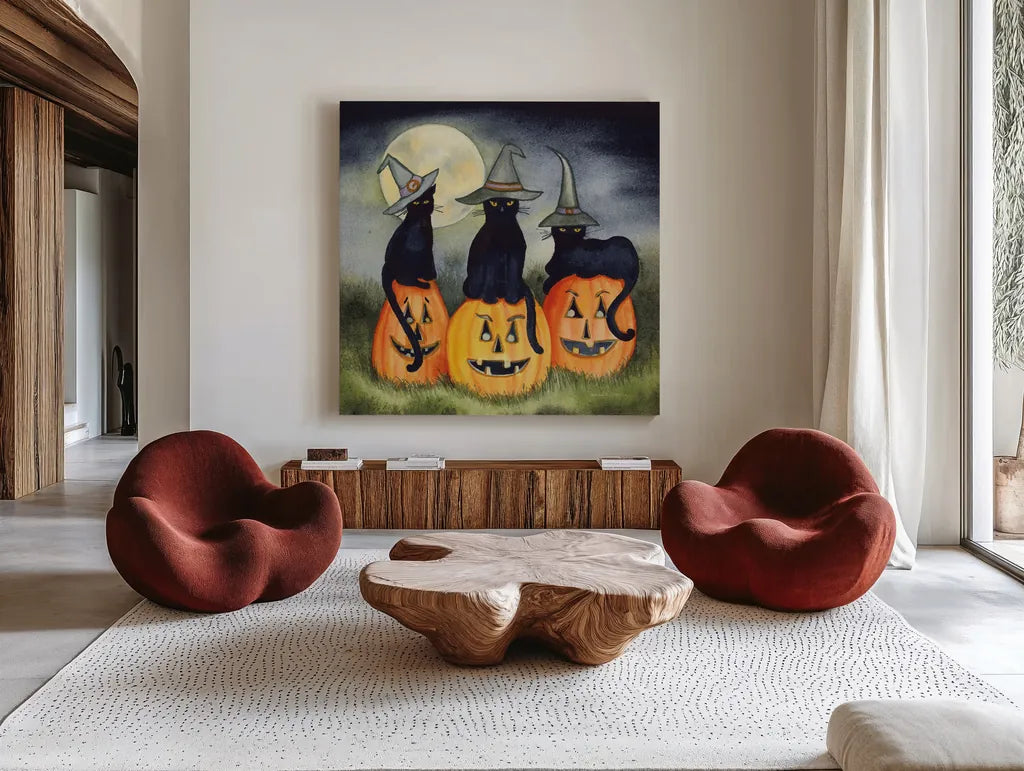 Haunting Halloween Night II No Border by Kathleen Parr McKenna. Shown as extra-large giant wall art in a modern living room. Available as an archival giclee rolled canvas, fine art paper, or poster print. SKU 47608a.