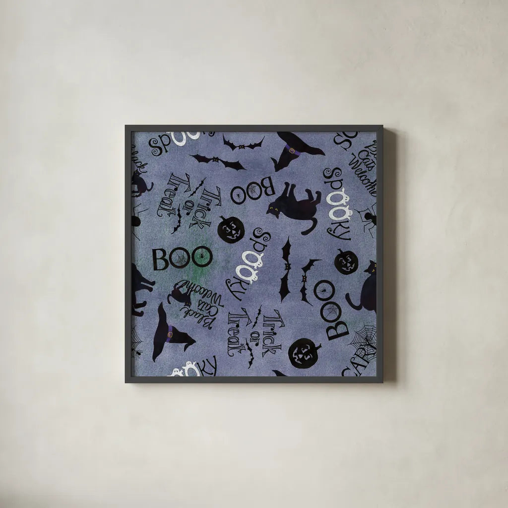 Haunting Halloween Night Pattern IIA by Kathleen Parr McKenna. Shown in a sleek black glass frame for a contemporary gallery look. Available as an archival giclee rolled canvas, fine art paper, or poster print. SKU 42846a.