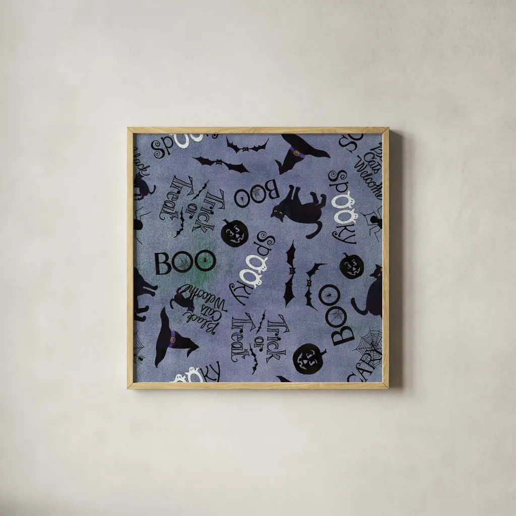 Haunting Halloween Night Pattern IIA by Kathleen Parr McKenna. Shown in a natural wood glass frame for a timeless modern aesthetic. Available as an archival giclee rolled canvas, fine art paper, or poster print. SKU 42846a.