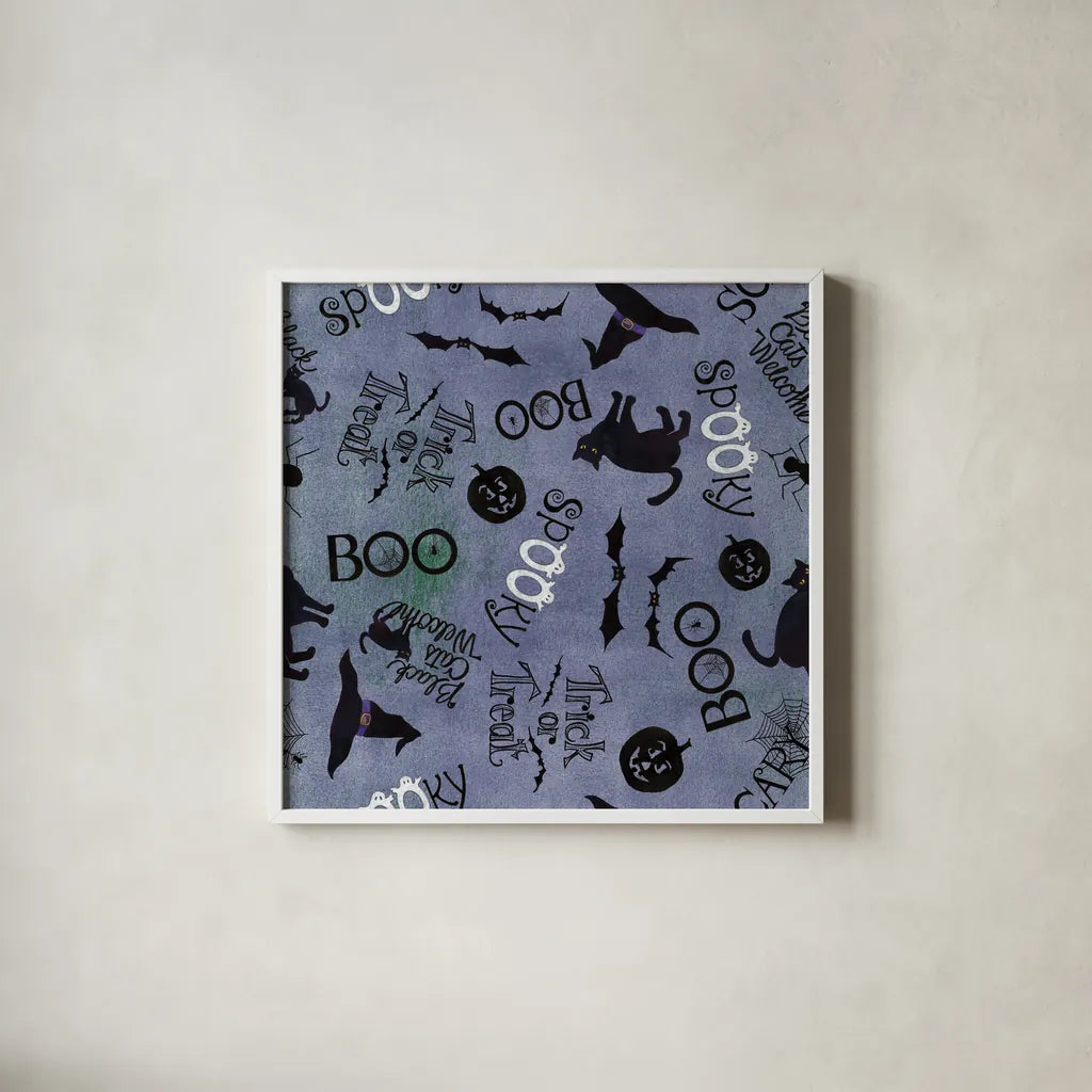 Haunting Halloween Night Pattern IIA by Kathleen Parr McKenna. Shown in a crisp white glass frame for a clean and minimalist style. Available as an archival giclee rolled canvas, fine art paper, or poster print. SKU 42846a.