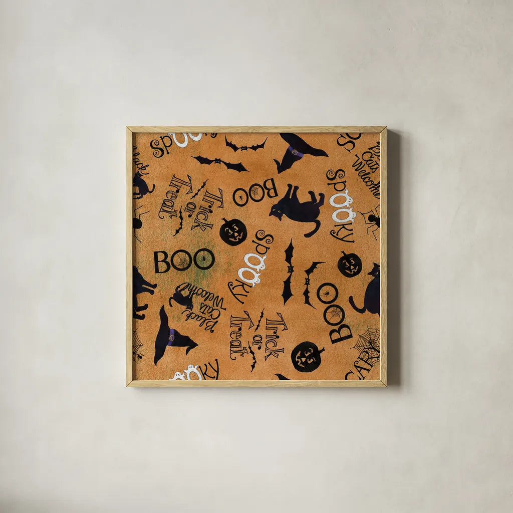 Haunting Halloween Night Pattern IIB by Kathleen Parr McKenna. Shown in a natural wood glass frame for a timeless modern aesthetic. Available as an archival giclee rolled canvas, fine art paper, or poster print. SKU 42847a.