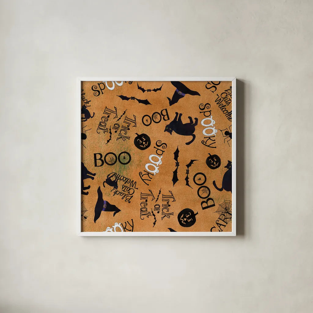 Haunting Halloween Night Pattern IIB by Kathleen Parr McKenna. Shown in a crisp white glass frame for a clean and minimalist style. Available as an archival giclee rolled canvas, fine art paper, or poster print. SKU 42847a.