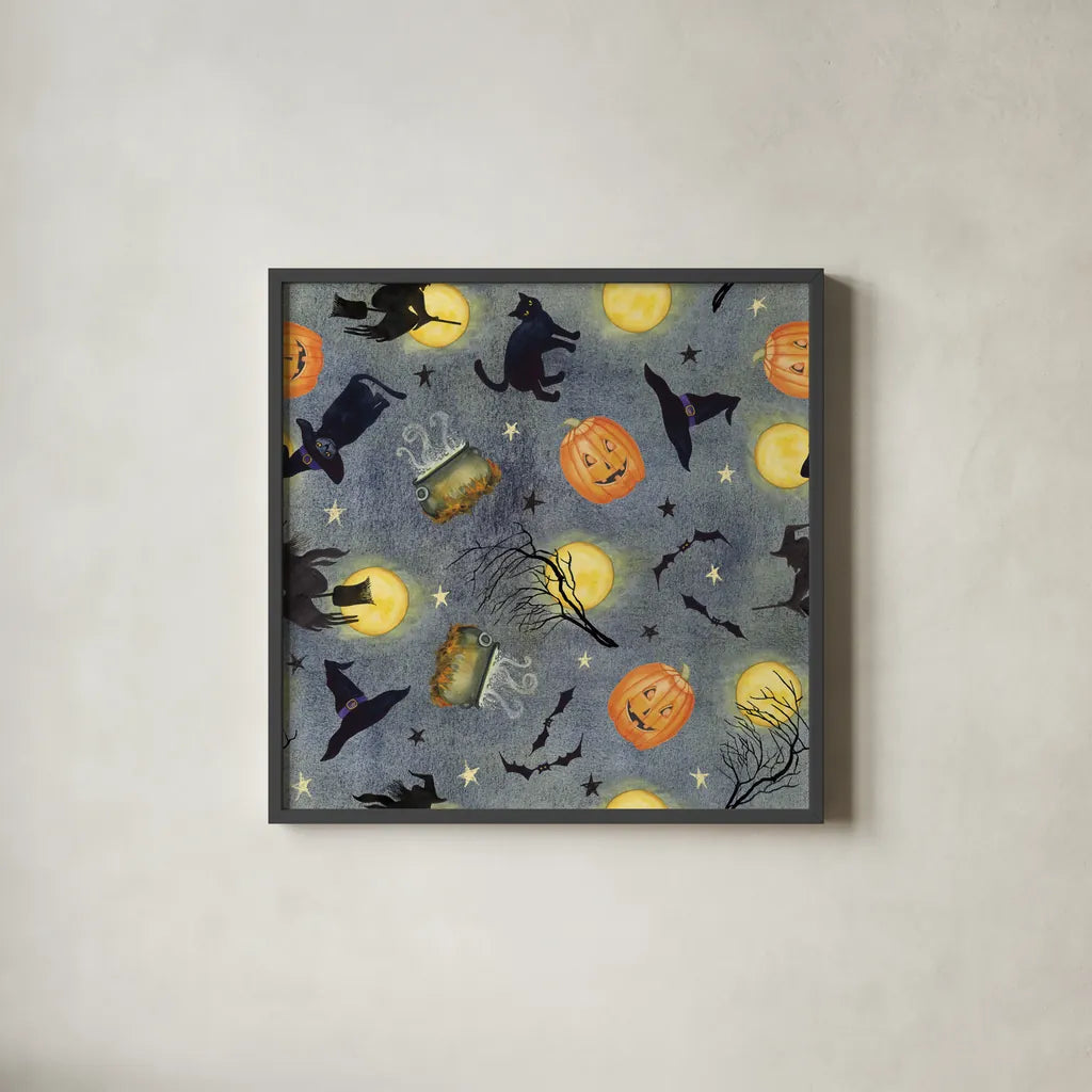 Haunting Halloween Night Pattern III by Kathleen Parr McKenna. Shown in a sleek black glass frame for a contemporary gallery look. Available as an archival giclee rolled canvas, fine art paper, or poster print. SKU 42848a.