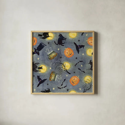 Haunting Halloween Night Pattern III by Kathleen Parr McKenna. Shown in a natural wood glass frame for a timeless modern aesthetic. Available as an archival giclee rolled canvas, fine art paper, or poster print. SKU 42848a.