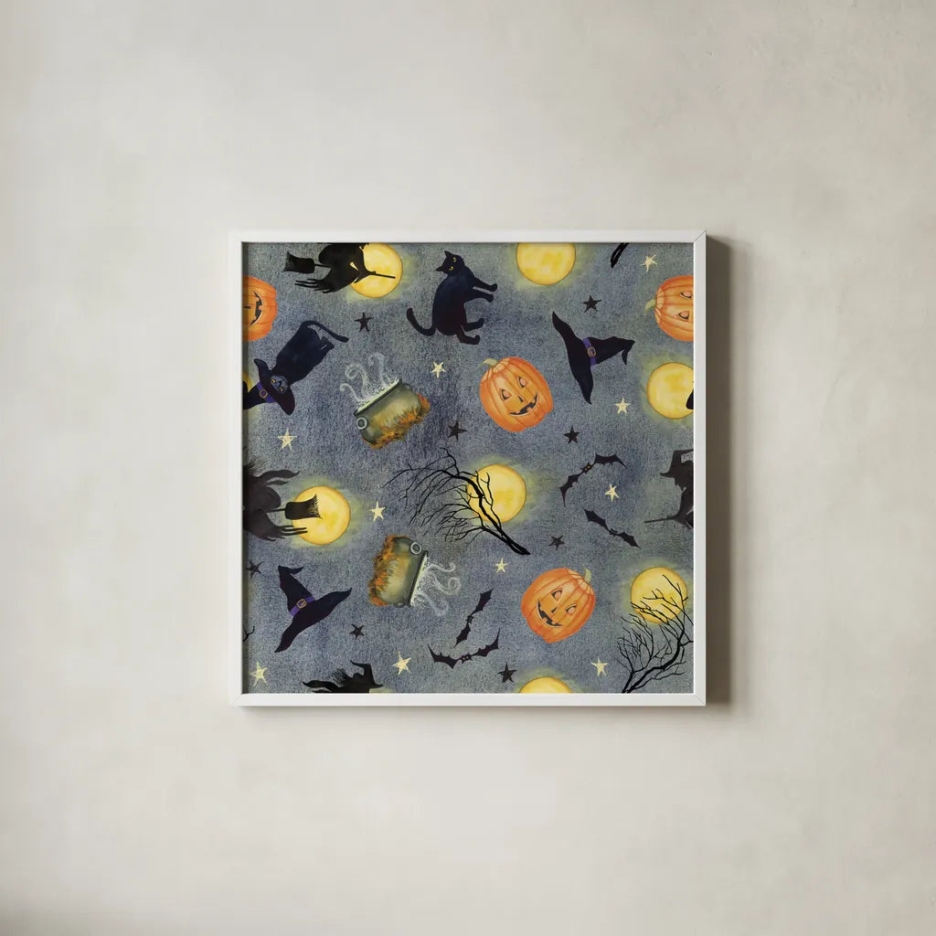 Haunting Halloween Night Pattern III by Kathleen Parr McKenna. Shown in a crisp white glass frame for a clean and minimalist style. Available as an archival giclee rolled canvas, fine art paper, or poster print. SKU 42848a.