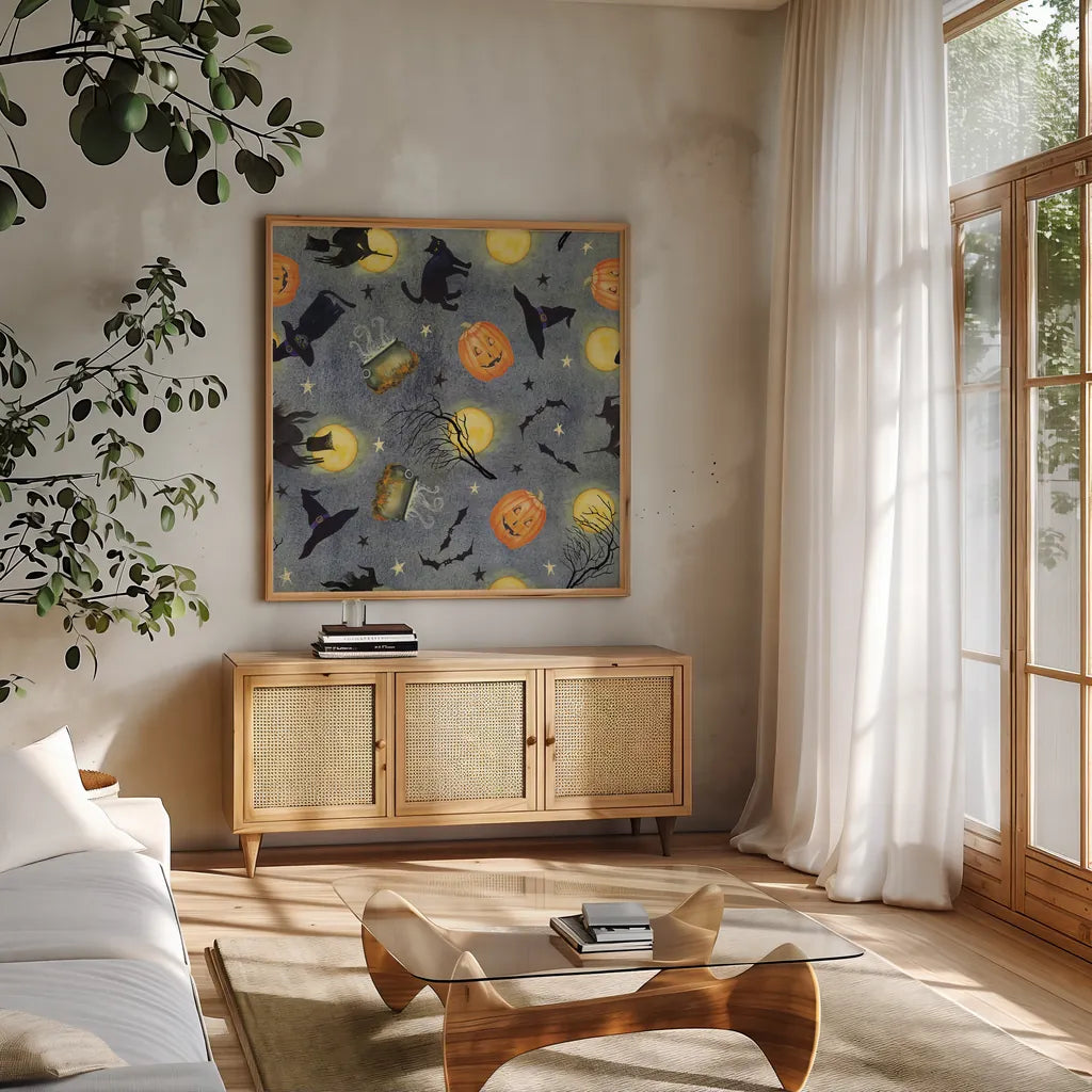 Haunting Halloween Night Pattern III by Kathleen Parr McKenna. Shown in a natural wood frame in a cozy modern living room. Available as an archival giclee rolled canvas, fine art paper, or poster print. SKU 42848a.