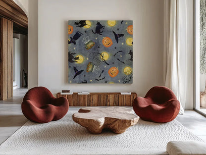 Haunting Halloween Night Pattern III by Kathleen Parr McKenna. Shown as extra-large giant wall art in a modern living room. Available as an archival giclee rolled canvas, fine art paper, or poster print. SKU 42848a.