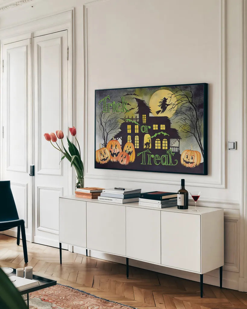 Haunting Halloween Night VI by Kathleen Parr McKenna. shown as a framed stretched canvas in a living room above a console. Available as a archival giclee rolled canvas, fine art paper, or poster print. SKU 39668i.