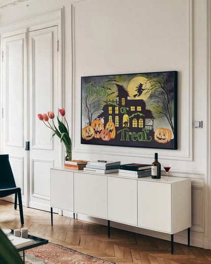Haunting Halloween Night VI by Kathleen Parr McKenna. shown as a framed stretched canvas in a living room above a console. Available as a archival giclee rolled canvas, fine art paper, or poster print. SKU 39668i.