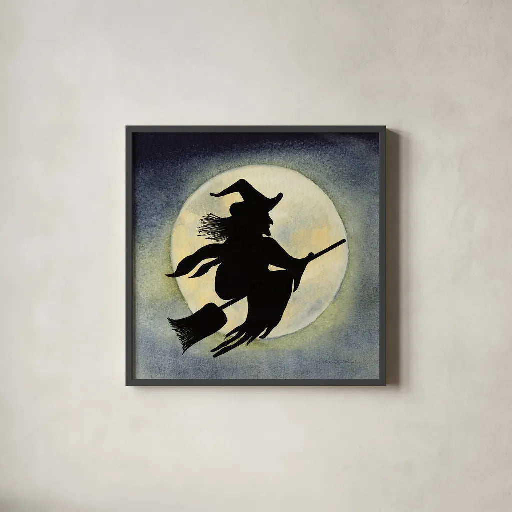 Haunting Halloween Night Witch by Kathleen Parr McKenna. Shown in a sleek black glass frame for a contemporary gallery look. Available as an archival giclee rolled canvas, fine art paper, or poster print. SKU 53220a.