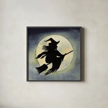 Haunting Halloween Night Witch by Kathleen Parr McKenna. Shown in a sleek black glass frame for a contemporary gallery look. Available as an archival giclee rolled canvas, fine art paper, or poster print. SKU 53220a.