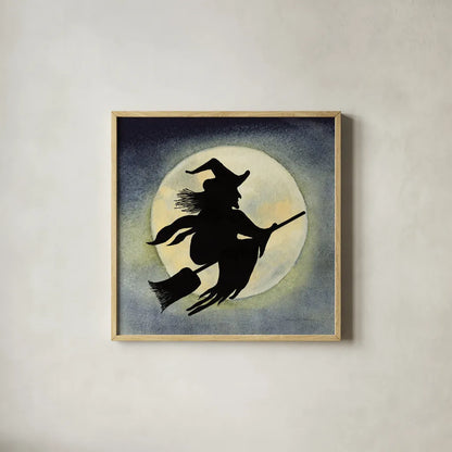 Haunting Halloween Night Witch by Kathleen Parr McKenna. Shown in a natural wood glass frame for a timeless modern aesthetic. Available as an archival giclee rolled canvas, fine art paper, or poster print. SKU 53220a.