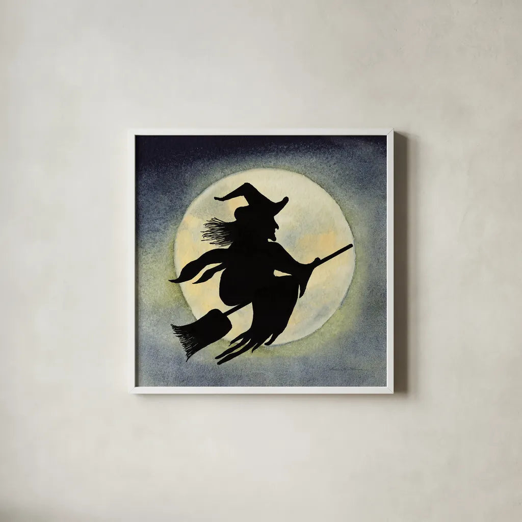 Haunting Halloween Night Witch by Kathleen Parr McKenna. Shown in a crisp white glass frame for a clean and minimalist style. Available as an archival giclee rolled canvas, fine art paper, or poster print. SKU 53220a.