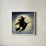 Haunting Halloween Night Witch by Kathleen Parr McKenna. Shown in a crisp white glass frame for a clean and minimalist style. Available as an archival giclee rolled canvas, fine art paper, or poster print. SKU 53220a.