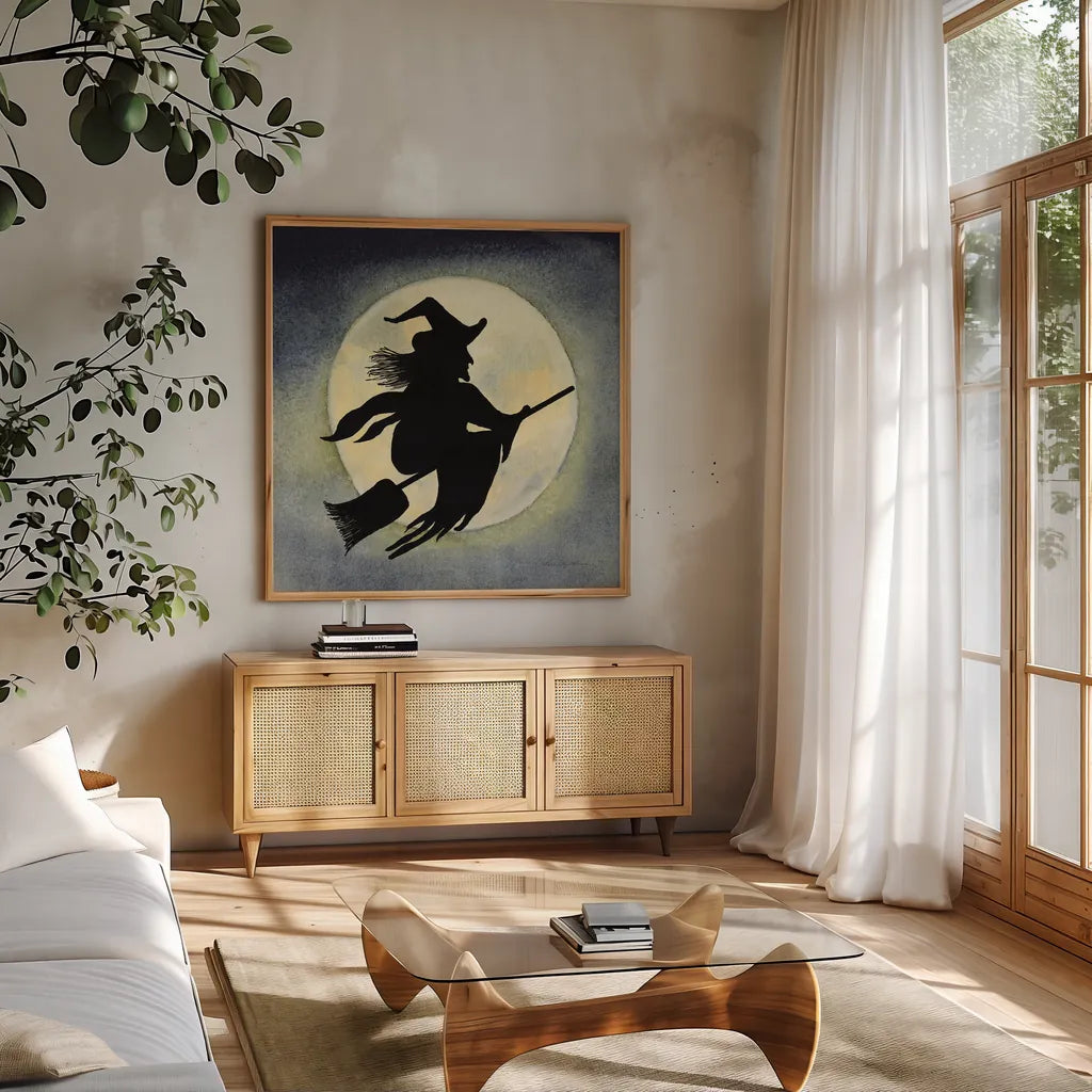 Haunting Halloween Night Witch by Kathleen Parr McKenna. Shown in a natural wood frame in a cozy modern living room. Available as an archival giclee rolled canvas, fine art paper, or poster print. SKU 53220a.