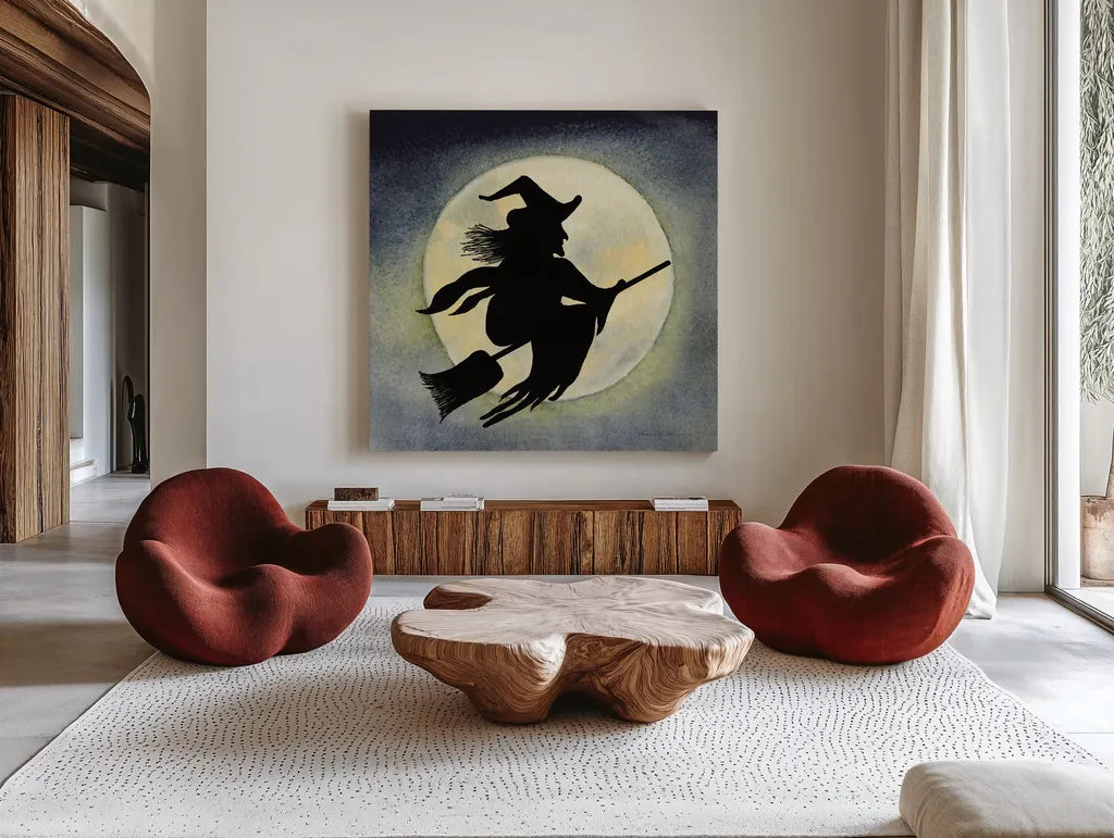 Haunting Halloween Night Witch by Kathleen Parr McKenna. Shown as extra-large giant wall art in a modern living room. Available as an archival giclee rolled canvas, fine art paper, or poster print. SKU 53220a.