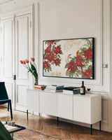 Holiday Happiness VII by Kathleen Parr McKenna. shown as a framed stretched canvas in a living room above a console. Available as a archival giclee rolled canvas, fine art paper, or poster print. SKU 41672i.