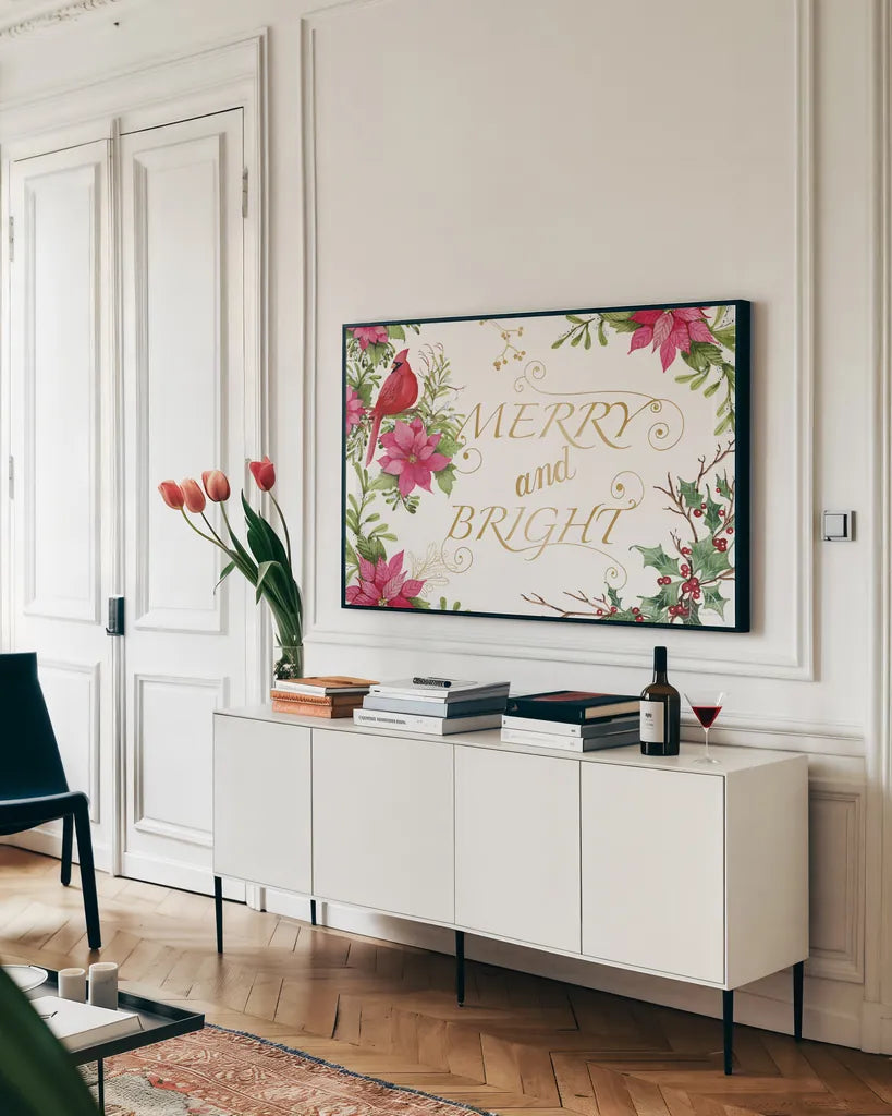 Holiday Happiness VIII by Kathleen Parr McKenna. shown as a framed stretched canvas in a living room above a console. Available as a archival giclee rolled canvas, fine art paper, or poster print. SKU 41673i.