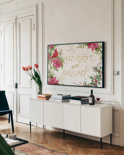 Holiday Happiness VIII by Kathleen Parr McKenna. shown as a framed stretched canvas in a living room above a console. Available as a archival giclee rolled canvas, fine art paper, or poster print. SKU 41673i.