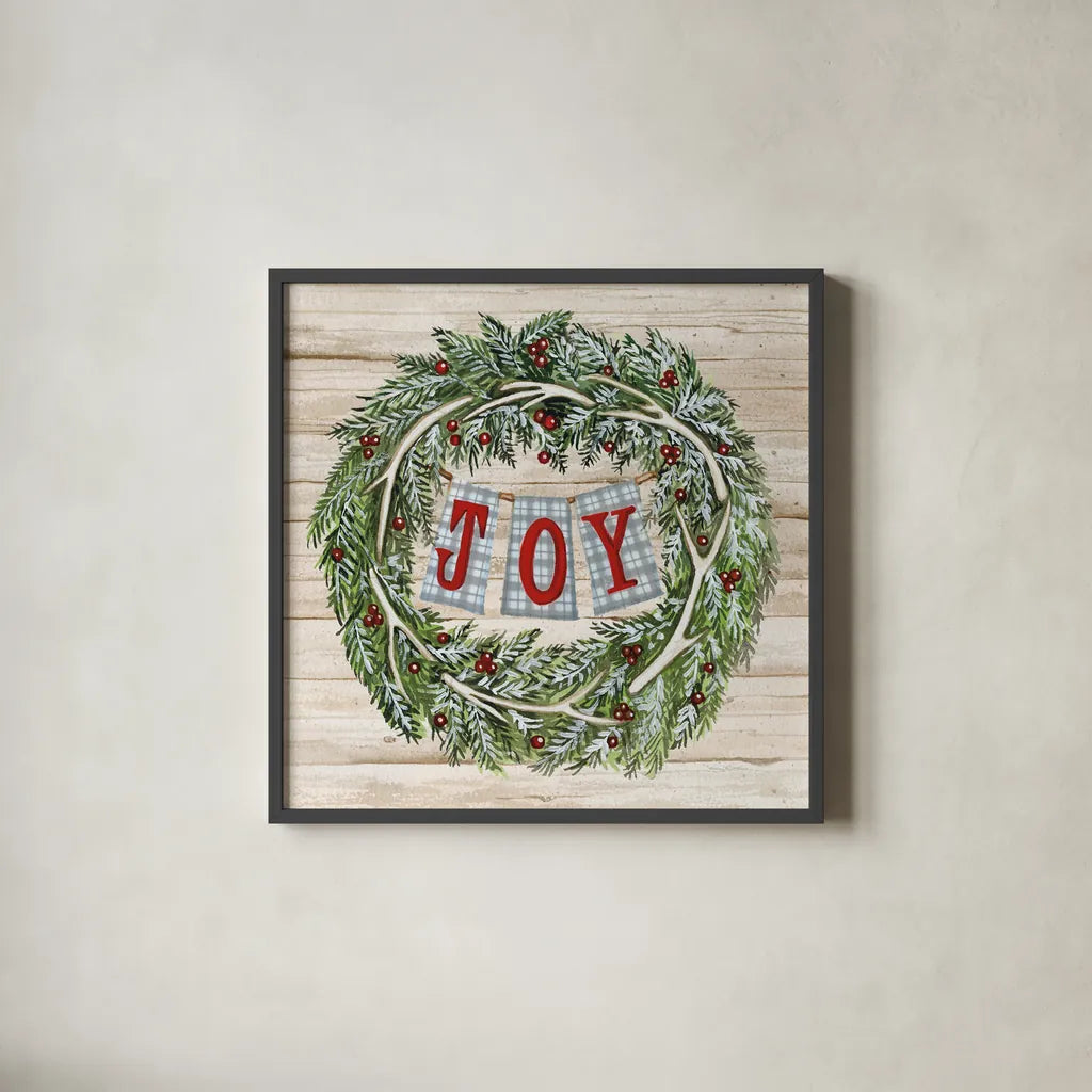 Holiday Saying I on Wood Plaid by Kathleen Parr McKenna. Shown in a sleek black glass frame for a contemporary gallery look. Available as an archival giclee rolled canvas, fine art paper, or poster print. SKU 37356a.