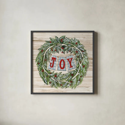 Holiday Saying I on Wood Plaid by Kathleen Parr McKenna. Shown in a sleek black glass frame for a contemporary gallery look. Available as an archival giclee rolled canvas, fine art paper, or poster print. SKU 37356a.