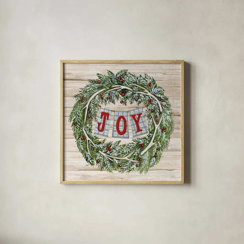 Holiday Saying I on Wood Plaid by Kathleen Parr McKenna. Shown in a natural wood glass frame for a timeless modern aesthetic. Available as an archival giclee rolled canvas, fine art paper, or poster print. SKU 37356a.