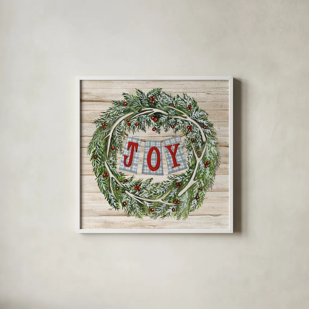 Holiday Saying I on Wood Plaid by Kathleen Parr McKenna. Shown in a crisp white glass frame for a clean and minimalist style. Available as an archival giclee rolled canvas, fine art paper, or poster print. SKU 37356a.