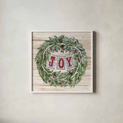 Holiday Saying I on Wood Plaid by Kathleen Parr McKenna. Shown in a crisp white glass frame for a clean and minimalist style. Available as an archival giclee rolled canvas, fine art paper, or poster print. SKU 37356a.