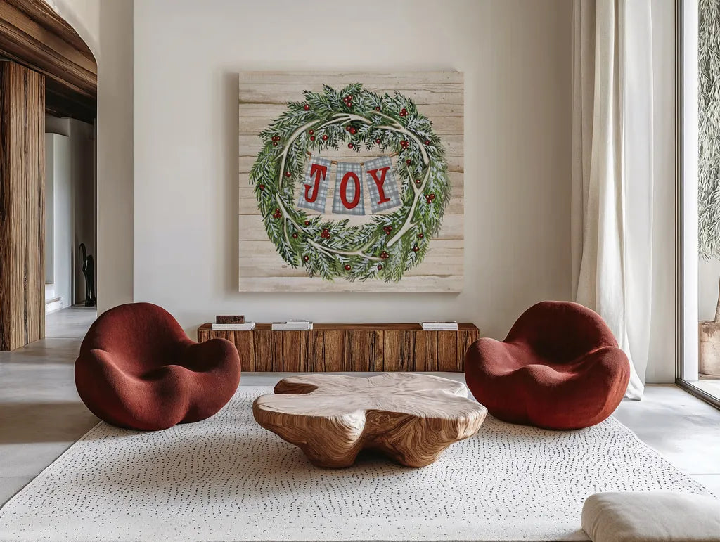 Holiday Saying I on Wood Plaid by Kathleen Parr McKenna. Shown as extra-large giant wall art in a modern living room. Available as an archival giclee rolled canvas, fine art paper, or poster print. SKU 37356a.