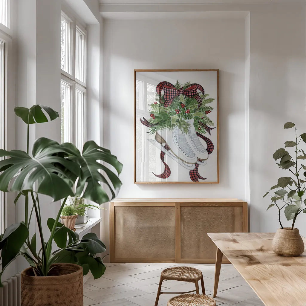 Holiday Sports I by Kathleen Parr McKenna. shown as a print in a natural wood frame in a dining room. Available as a archival giclee rolled canvas, fine art paper, or poster print. SKU 31739h.