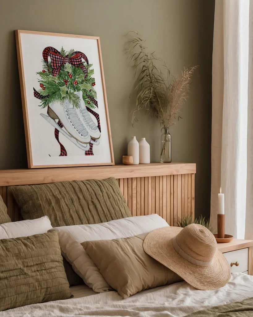 Holiday Sports I by Kathleen Parr McKenna. shown as a paper print in a natural frame. Available as a archival giclee rolled canvas, fine art paper, or poster print. SKU 31739h.