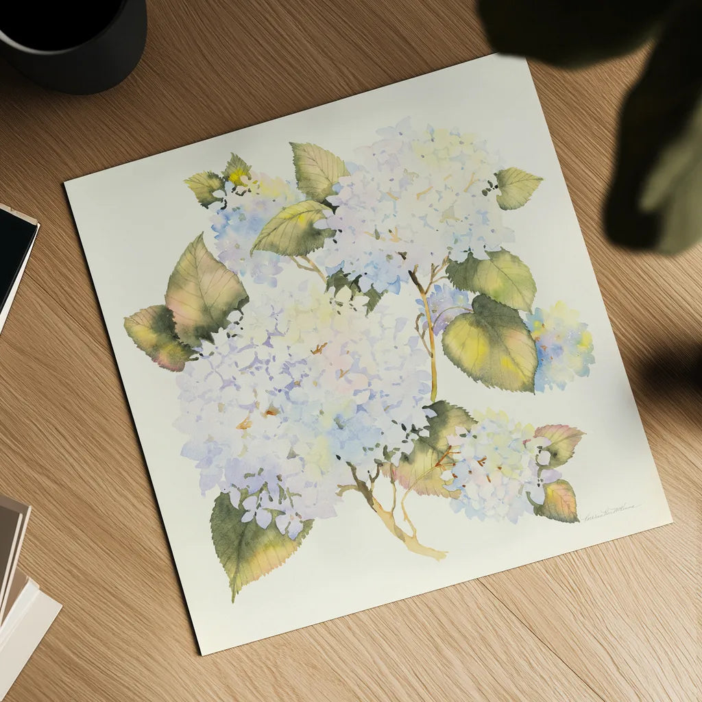 Hydrangeas by Kathleen Parr McKenna. Shown as a detailed flat fine art print, highlighting archival giclee quality. Available as an archival giclee rolled canvas, fine art paper, or poster print. SKU 46644a.
