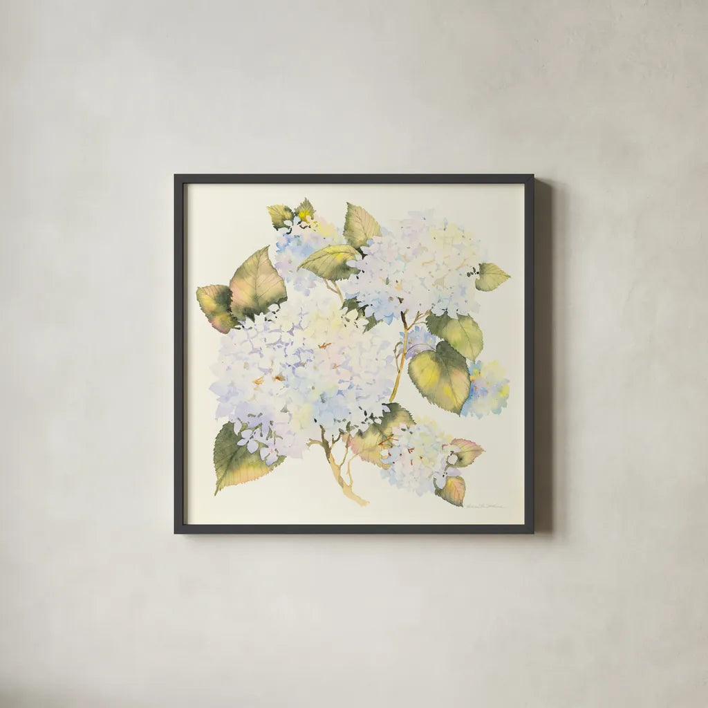 Hydrangeas by Kathleen Parr McKenna. Shown in a sleek black glass frame for a contemporary gallery look. Available as an archival giclee rolled canvas, fine art paper, or poster print. SKU 46644a.