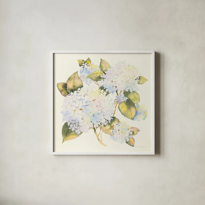 Hydrangeas by Kathleen Parr McKenna. Shown in a crisp white glass frame for a clean and minimalist style. Available as an archival giclee rolled canvas, fine art paper, or poster print. SKU 46644a.